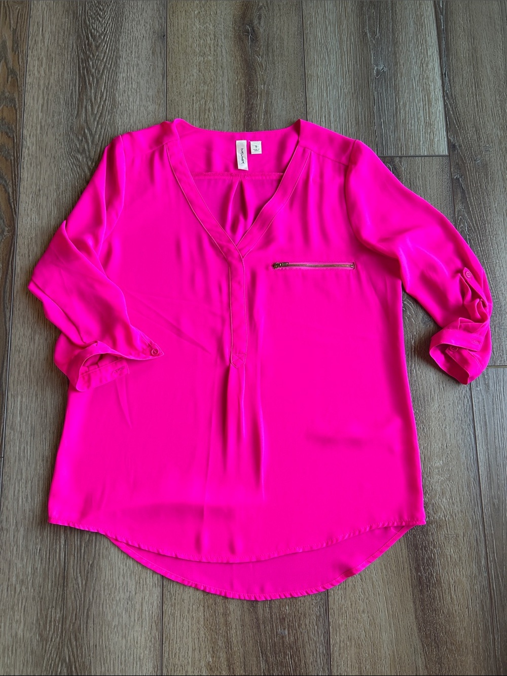 ••TACERA••Bright Pink V-Neck Zip-Pocket Blouse